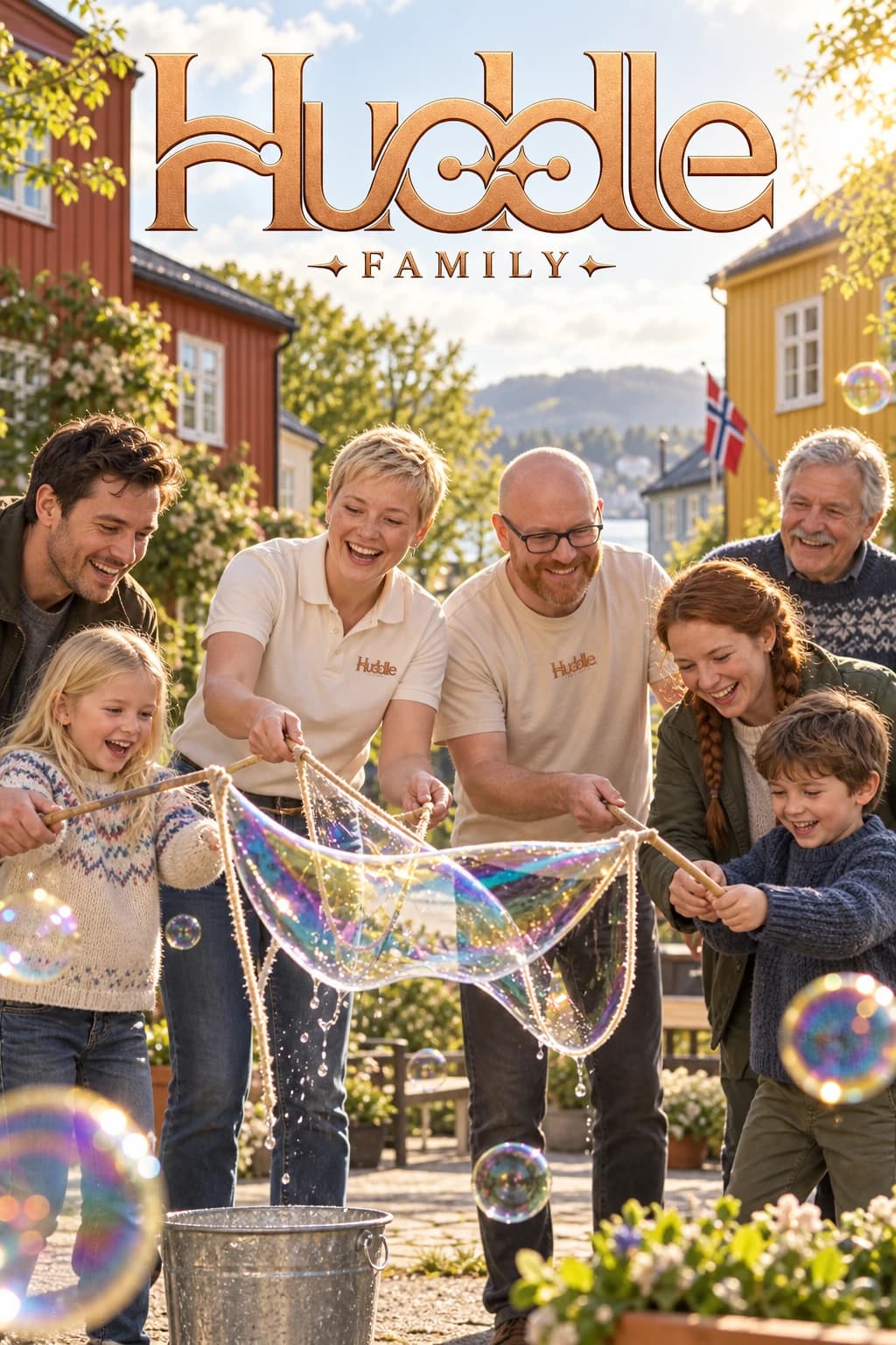 Families making giant soap bubbles together with Huddle organisers in Norway