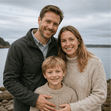 The Aasen family. Two parents and one child.