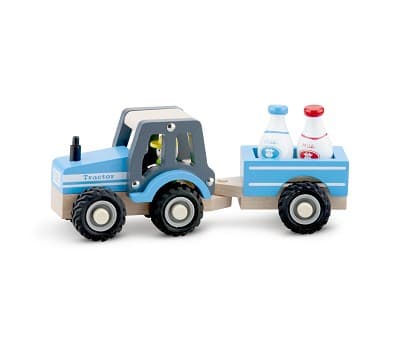 Blå traktor med henger, treverk