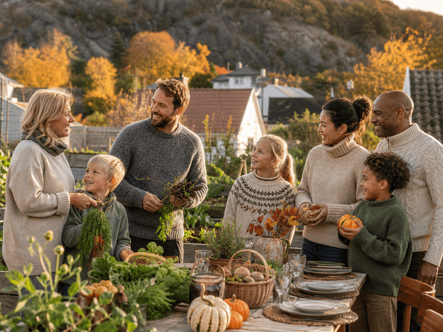Families sharing stories in a community garden