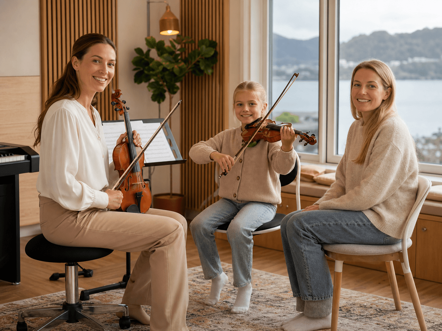 A child learning violin with a tutor and parent