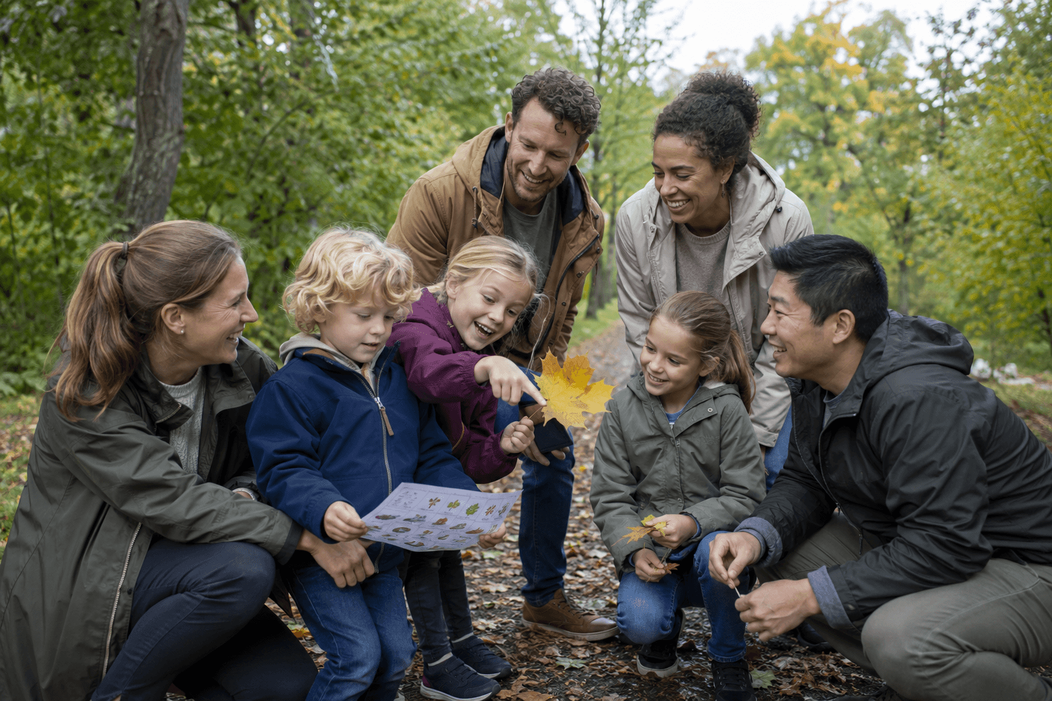 Two families discover autumn leaves together during a park nature hunt