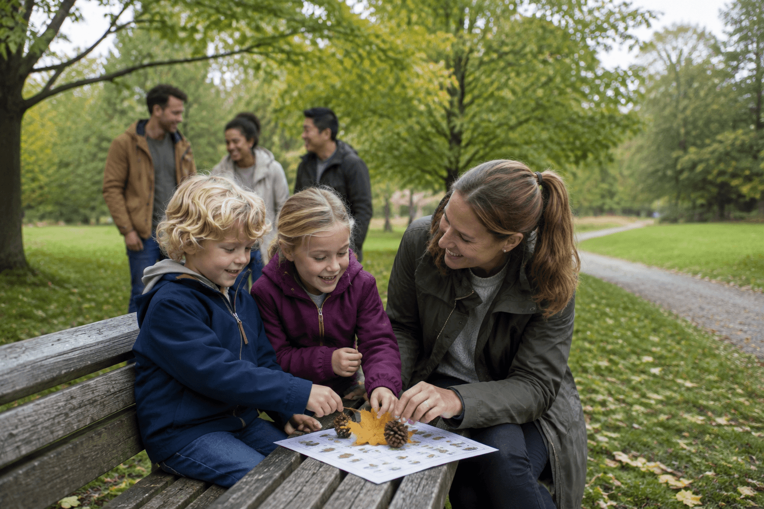Two families discover autumn leaves together during a park nature hunt