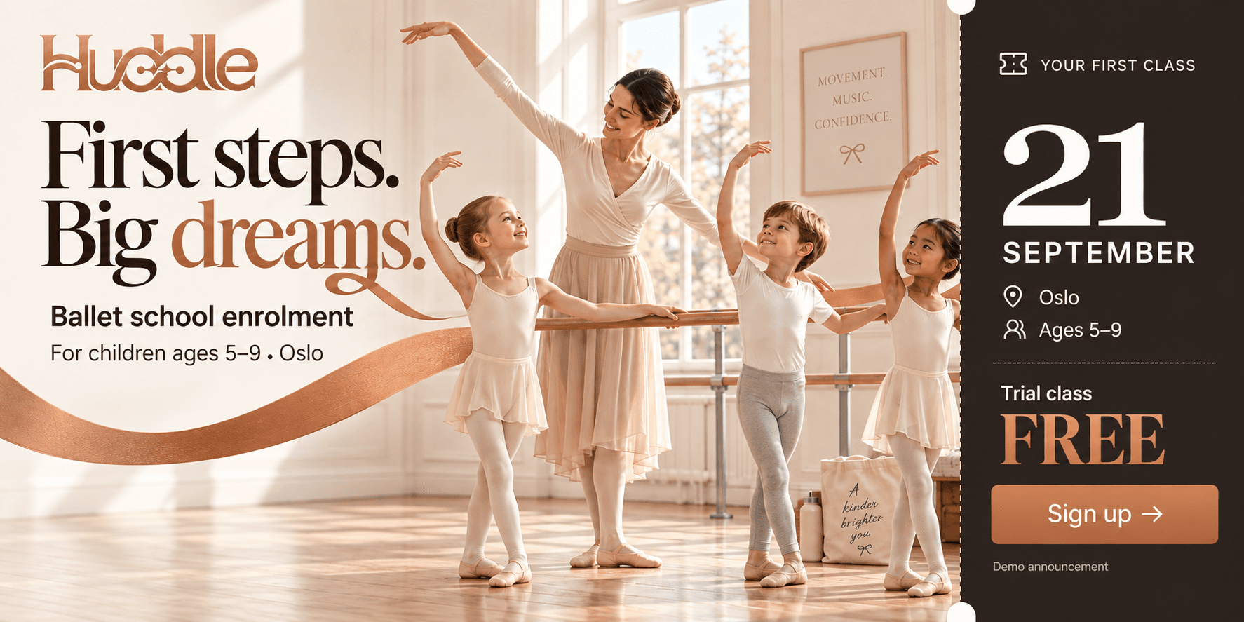 A ballet teacher and three children practising together in a sunlit studio.