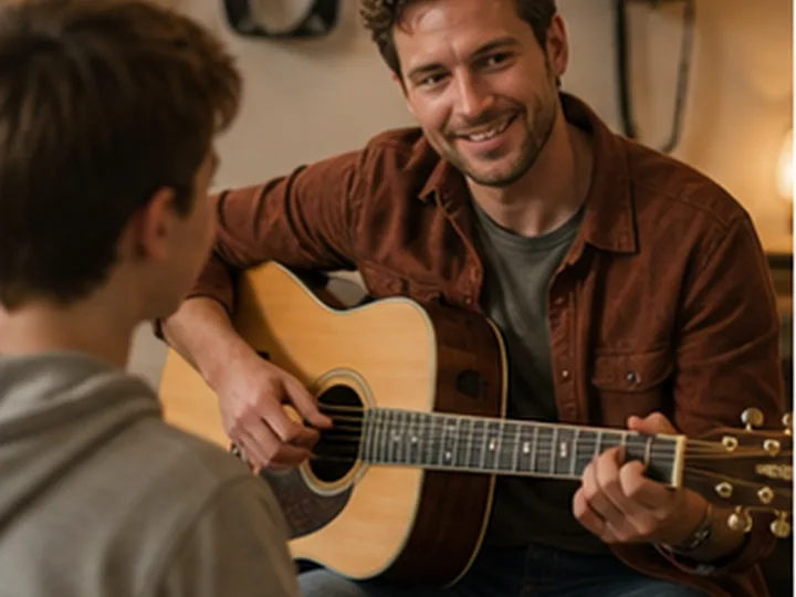 Illustrative editorial scene representing Guitar lessons for beginners