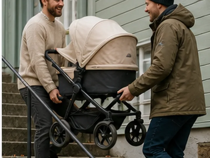Illustrative editorial scene representing Help carry a pram up the stairs